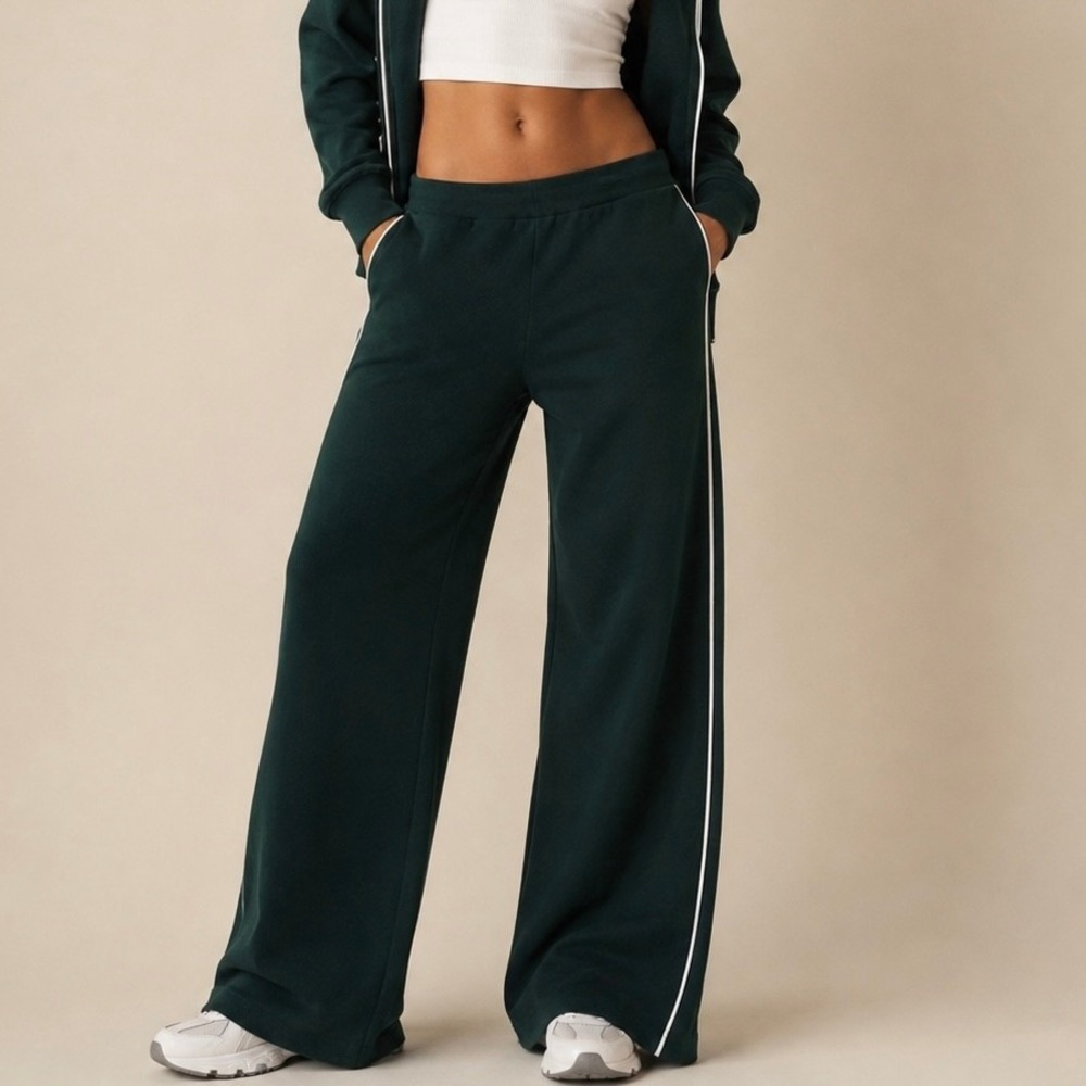 NWOT K-Swiss Forest Green Knit Wide Leg Track Pants M Pintuck Stripe Athleisure